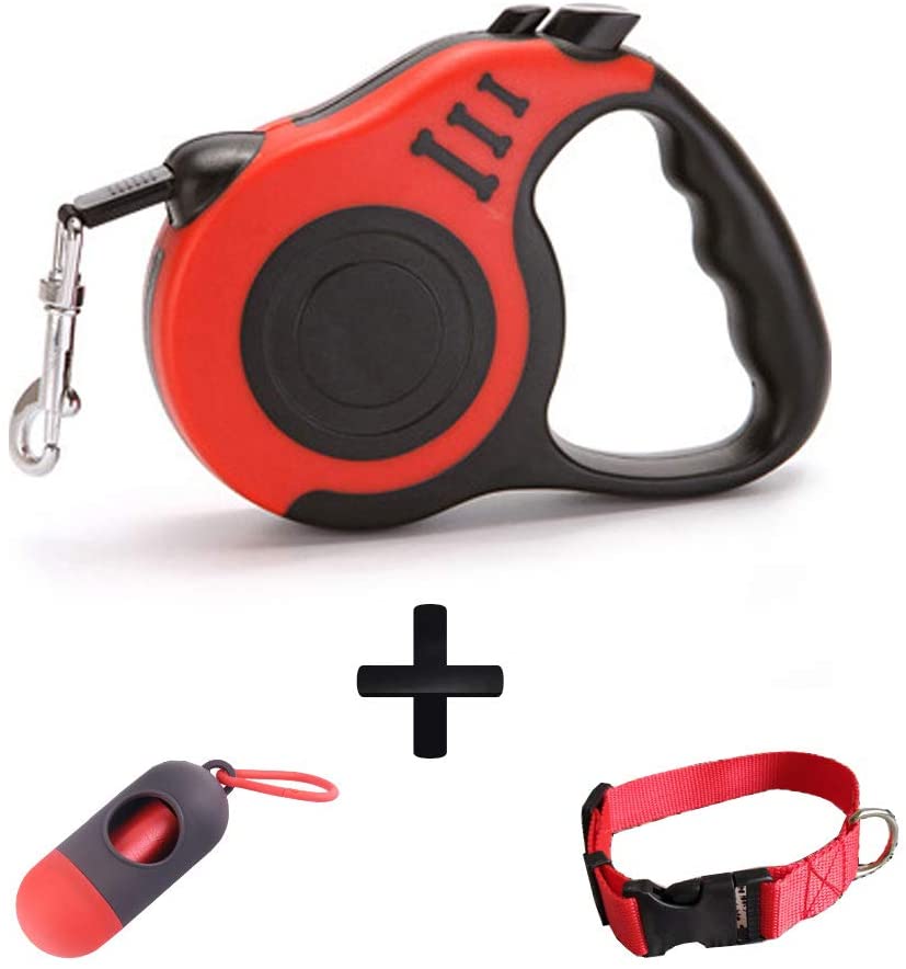  TWTG Correa de Perro retráctil automática de 5 Metros con Collar de Nylon para Perros pequeños y medianos. Bolsas de Basura para Mascotas Incluidas (Rojo) 