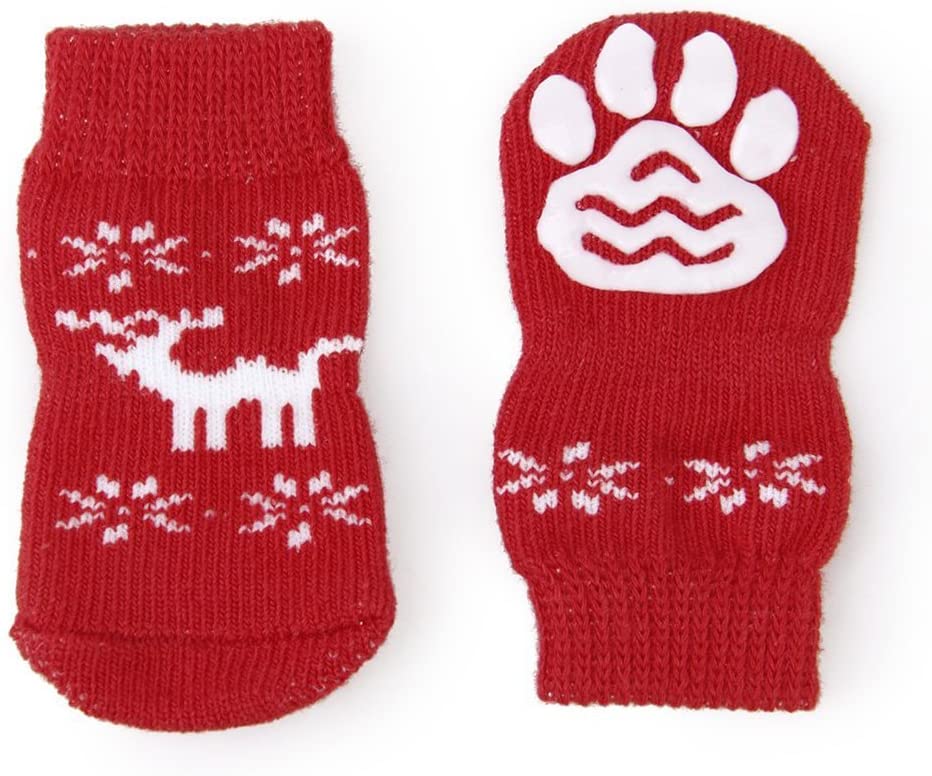  UEETEK 4pcs Calcetines Antideslizantes del Gato del Perrito del Estilo del Reno de la Navidad con Impresiones de la Pata - para el Perro pequeño 