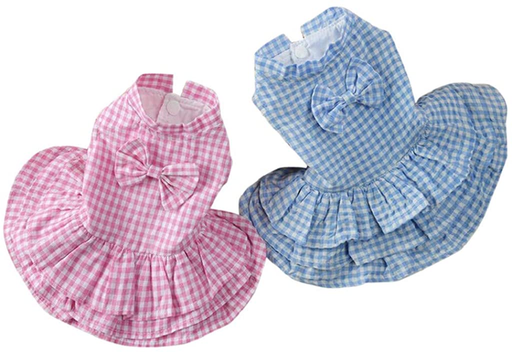  Vestidos para Perros, Impresión A Cuadros Vestido de Princesa, Ropa Bowknot Falda para Mascotas, Vestido de Tutú para Perro y Gato para Primavera y Verano, Chihuahua Yorkshire, Rosado Azul 