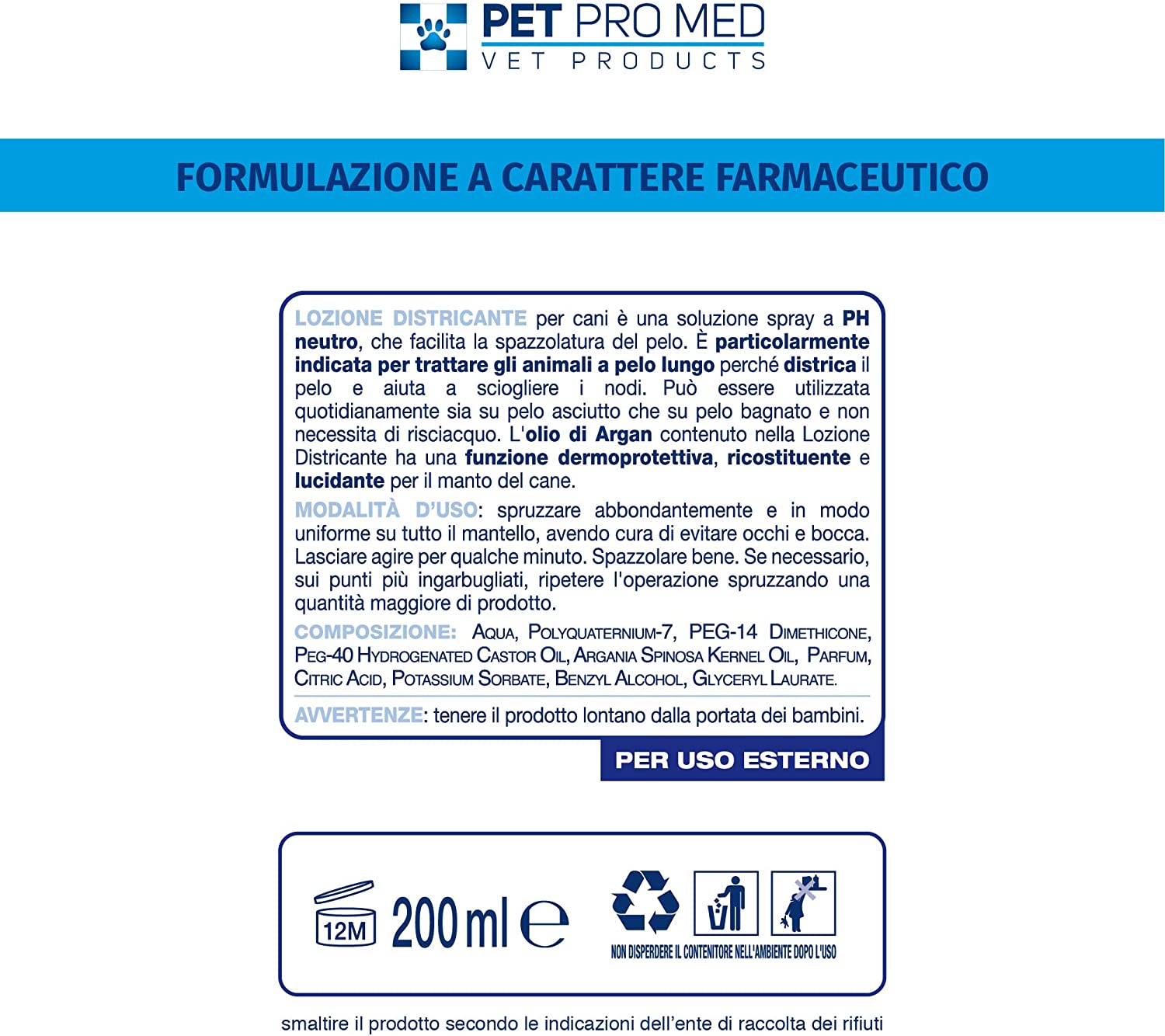  Virosac 140134 - Loción desenredante para el Pelo de los Perros Pet Pro Med. Paquete de 200 ml de Ph Neutro con Aceite de argán 