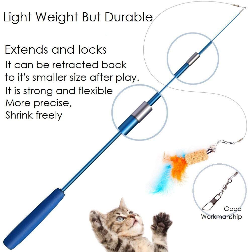  Wineecy [8 in 1] Gato Juguete Interactivo Cat Varita, 2 Varita Retráctil con 6 Plumas de Ave, Libélula, Pescado para Gatos y Gatitos 