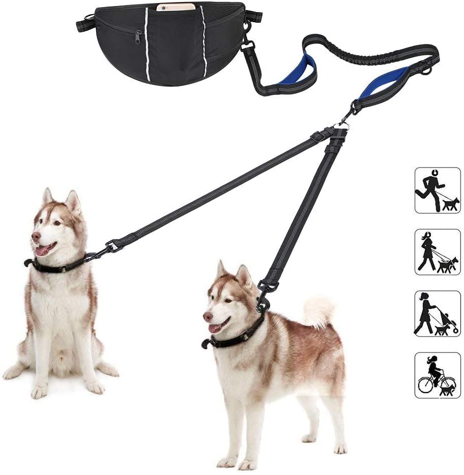  YOUTHINK Correa para Perro Doble, Correa Manos Libres de la Cintura，Correa de Perro + Correa Doble para Perros Correa Ajustable de 130 cm para Bolsillo Ideal para Correr y Andar 