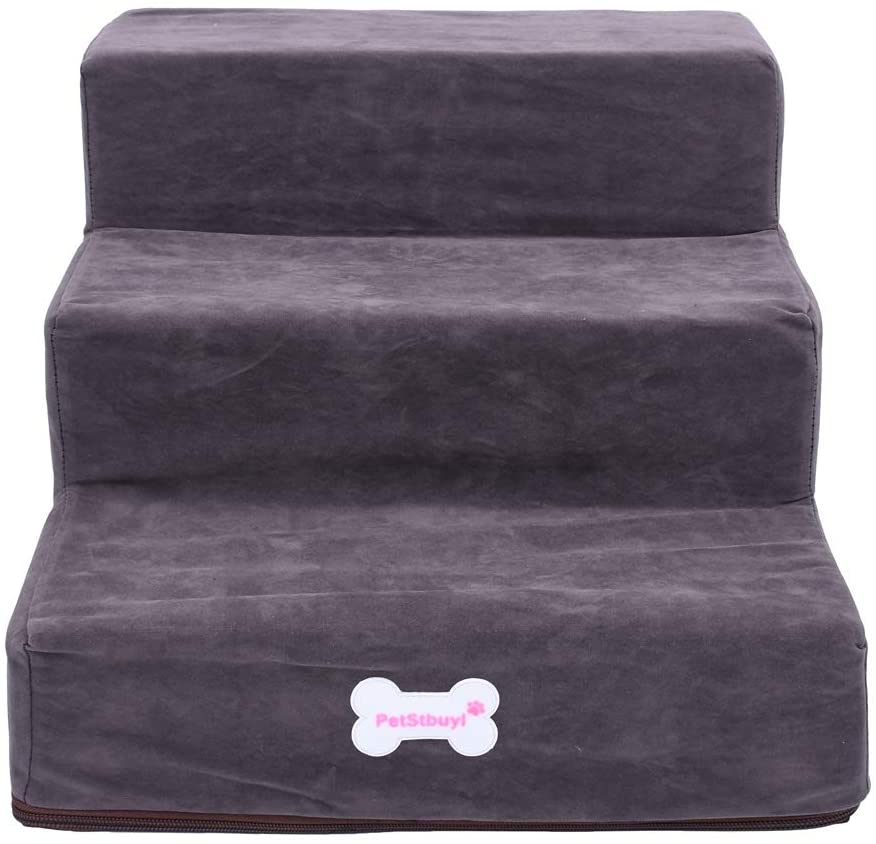  YUENA CARE Escalera de Mascota con Funda Extraíble y Lavable Alta Resiliencia 3 Pasos de Escalera para Perro y Gato Súper Suave Gris 