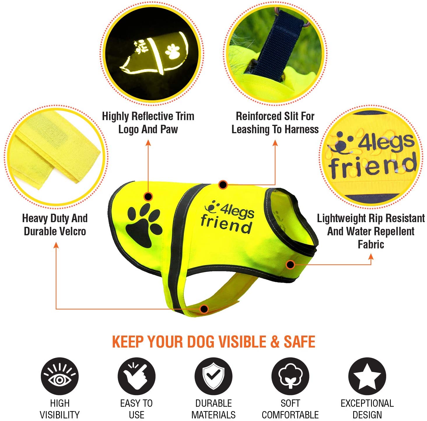  4LegsFriend - Chaleco Reflectante de Seguridad para Perro, Amarillo Alta Visibilidad para Actividades al Aire Libre día y Noche, Mantiene a su Perro Visible y Seguro. 