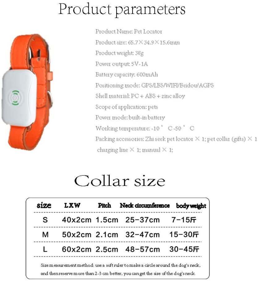  90GJ Localizador de Mascotas Anti-perdida GPS Collar Impermeable rastreador de Perros Dispositivo pequeño y Mediano Anti-perdida de Perro Naranja 50 * 2cm 