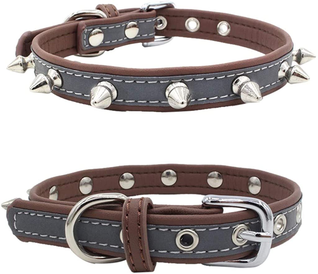  Accesorios para Mascotas, Collares de Cuero con Remache Punk Rock para Gato y Perro Collar Ajustable para Identificativo para Seguridad Al Aire Libre Brillantes, XS-L, 22-47cm 