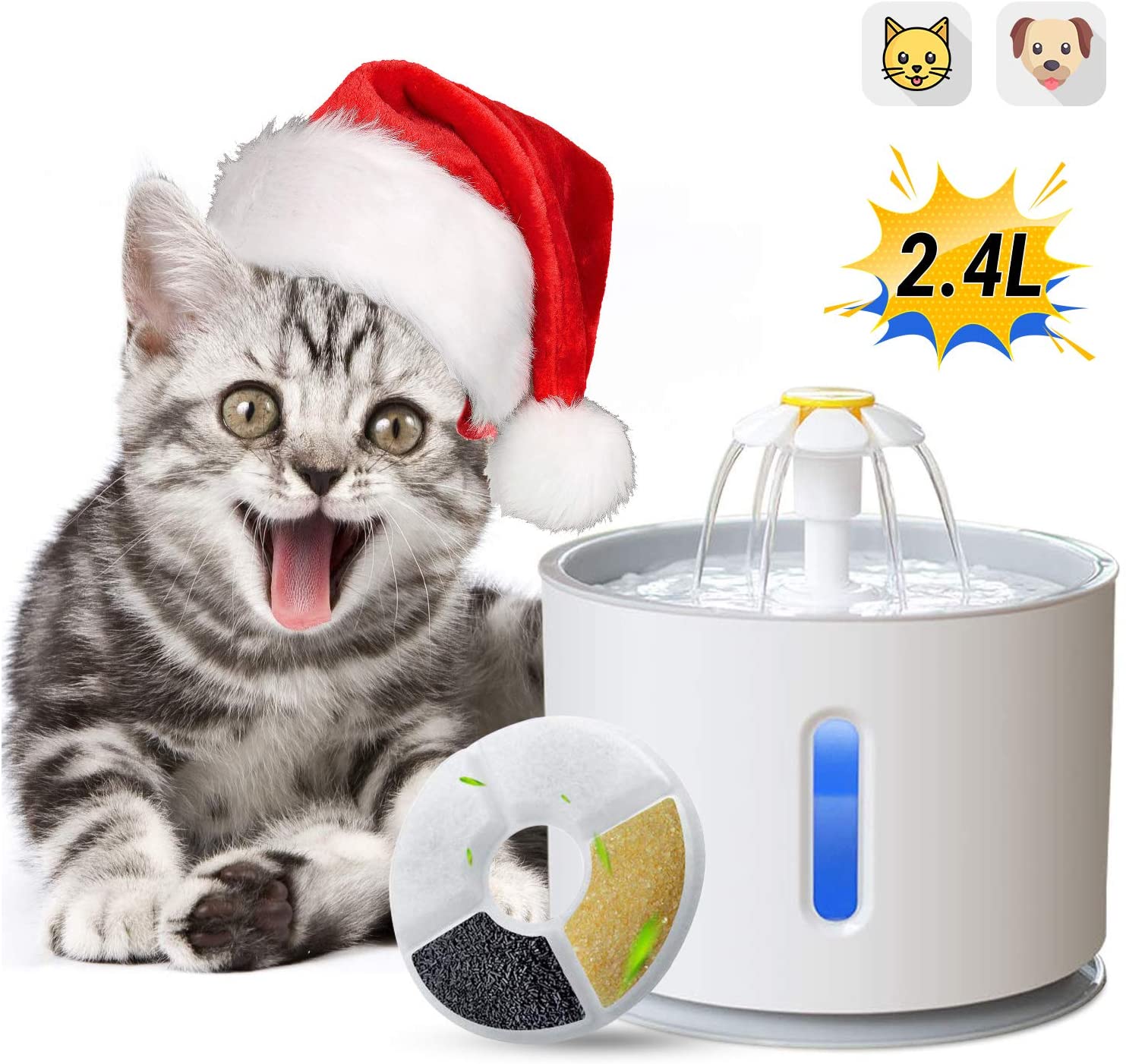  ADOV Fuente para Gatos, 2.4L Dispensador Automático de Agua Eléctrico con Filtro de Repuesto, Flor Portátil Estilo Bebedero Mascotas para Perros y Pequeños Animales – Gris 