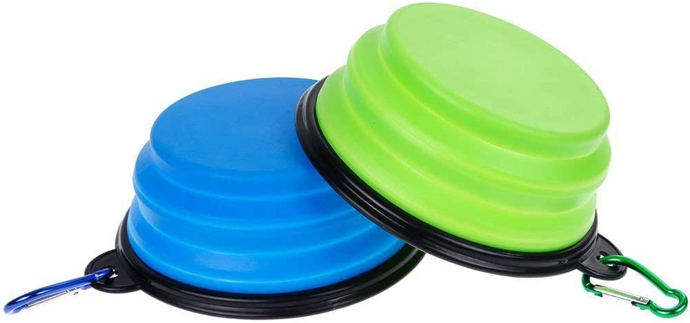  Amaoma Bebedero Perro Portatil Plegable Comedero Perro de Viaje Silicona Comederos para Perros Gato con Mosquetón Plegable de Viaje Plato Recipiente para Perros 2 Piezas Azul y Verde 