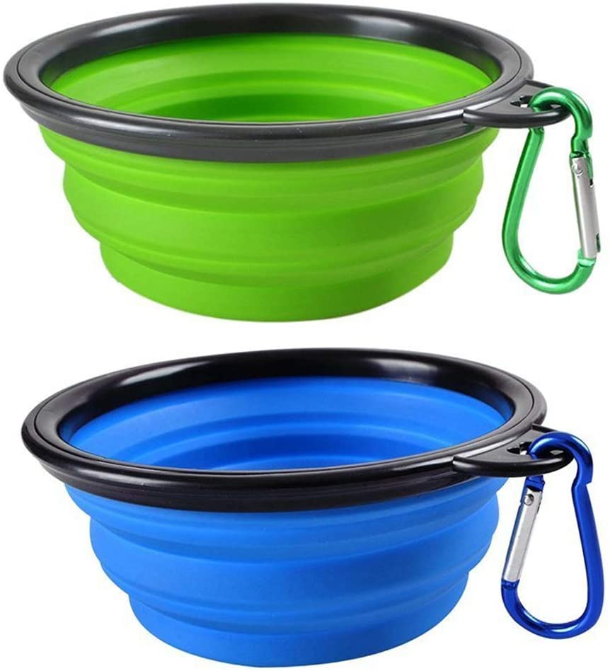  Amaoma Bebedero Perro Portatil Plegable Comedero Perro de Viaje Silicona Comederos para Perros Gato con Mosquetón Plegable de Viaje Plato Recipiente para Perros 2 Piezas Azul y Verde 