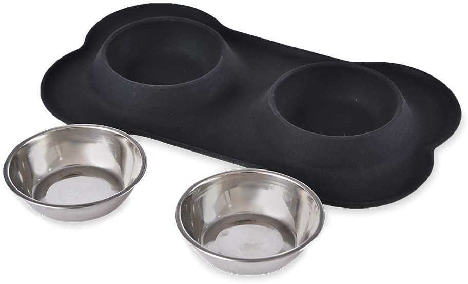  AmazonBasics Juego de base y cuencos para perro, forma de hueso, de silicona - negro 