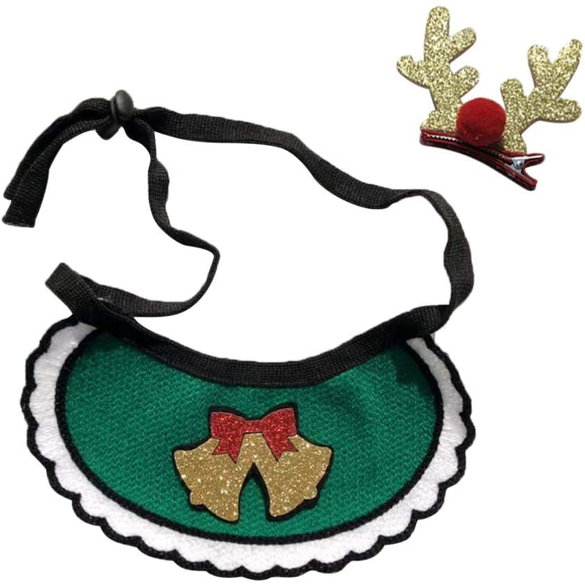  Amosfun Navidad Mascota Gato Baberos Collar de Perro con Cornamenta de Ciervo Pinza de Pelo Cachorro Gatito pañuelo para el Cuello Bufanda Ajustable Collares 2 Piezas 