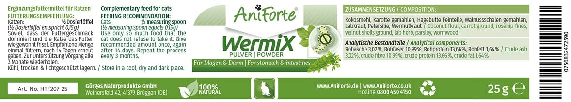  AniForte WermiX en polvo para gatos 25g - producto natural para antes, durante y después de la infestación de gusanos, el ajenjo y las hierbas naturales ayudan al estómago y el intestino 