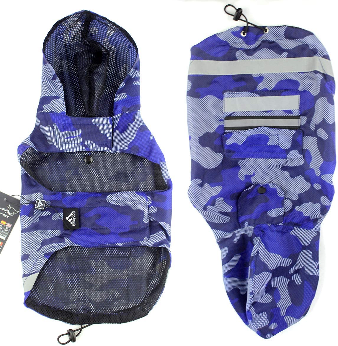  Babydog Abrigo Chaleco Impermeable para Perro con Capucha, Forro Transpirable y Sin Mangas, Cierre Velcro, Bolsillo Espalda, Modelo Camuflaje Militar (XL, Azul) 