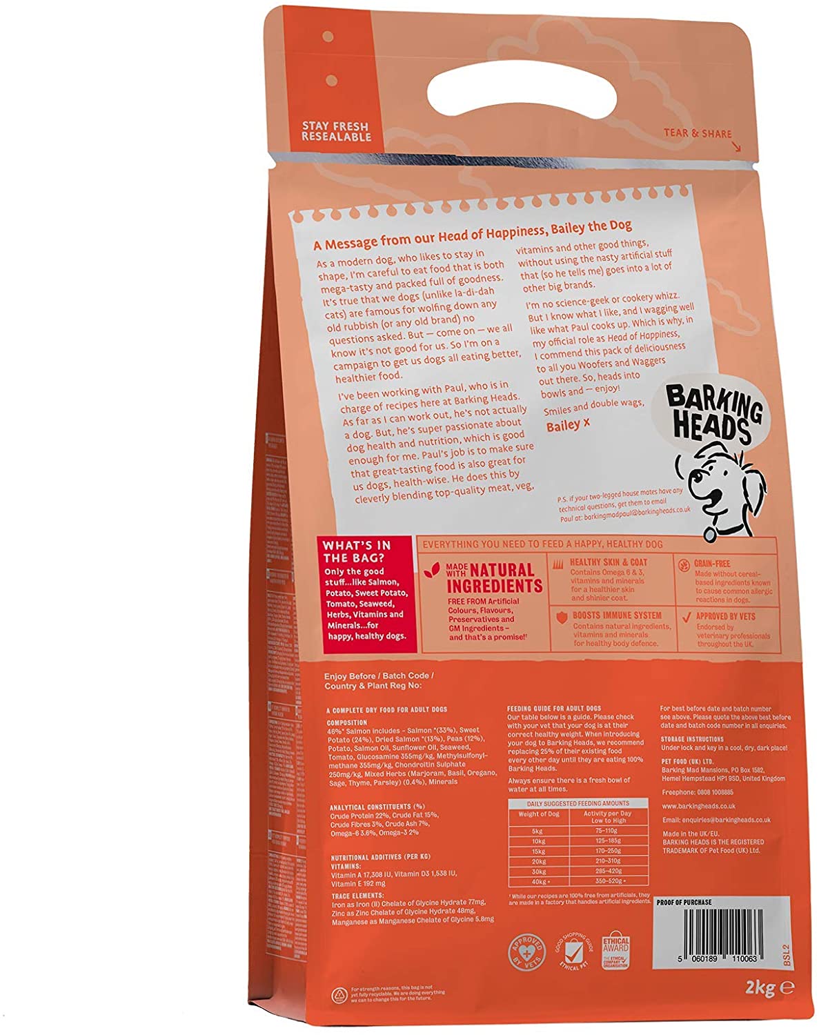  Barking Heads Comida Seca para Perros - Pooched Salmon - Salmón 100% natural sin aromas artificiales, Ayuda a mejorar la salud de la piel y el pelo, 2 kg 