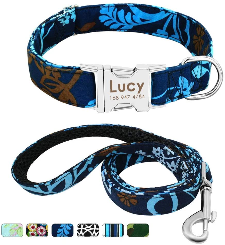  Beirui Collar Perro Personalizado con Hebilla de liberación rápida – Collares para Perros Personalizados con Patrones Florales – Blue Iris Collar y Correa Perro - S(10-15.5"Cuello) 