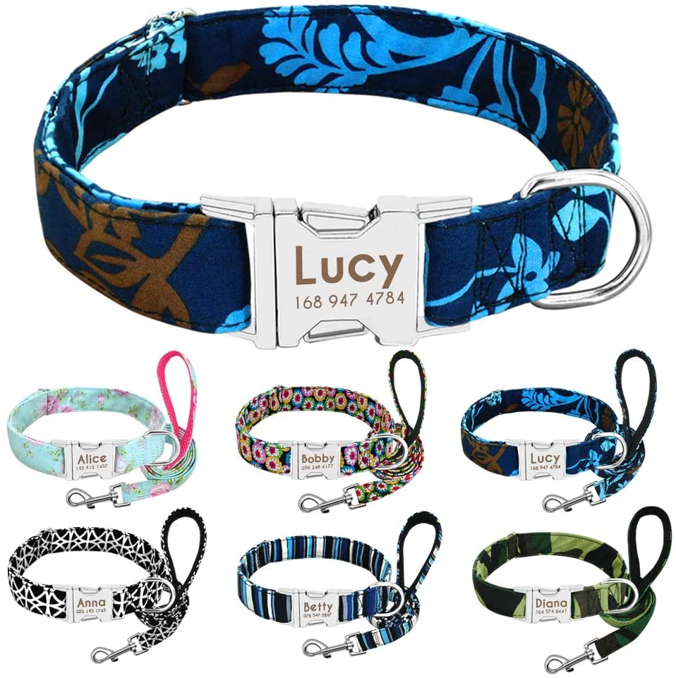  Beirui Collar Perro Personalizado con Hebilla de liberación rápida – Collares para Perros Personalizados con Patrones Florales – Blue Iris Collar y Correa Perro - S(10-15.5"Cuello) 