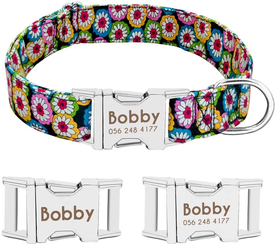  Beirui Collar Perro Personalizado con Hebilla de liberación rápida – Collares para Perros Personalizados con Patrones Florales – Bohemia Daisy Collar y Correa Perro - S(10-15.5"Cuello) 