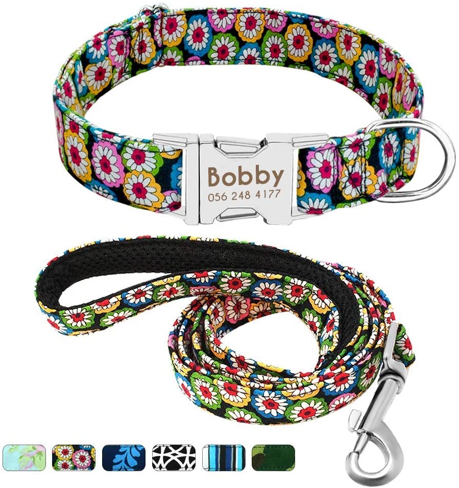  Beirui Collar Perro Personalizado con Hebilla de liberación rápida – Collares para Perros Personalizados con Patrones Florales – Bohemia Daisy Collar y Correa Perro - S(10-15.5"Cuello) 