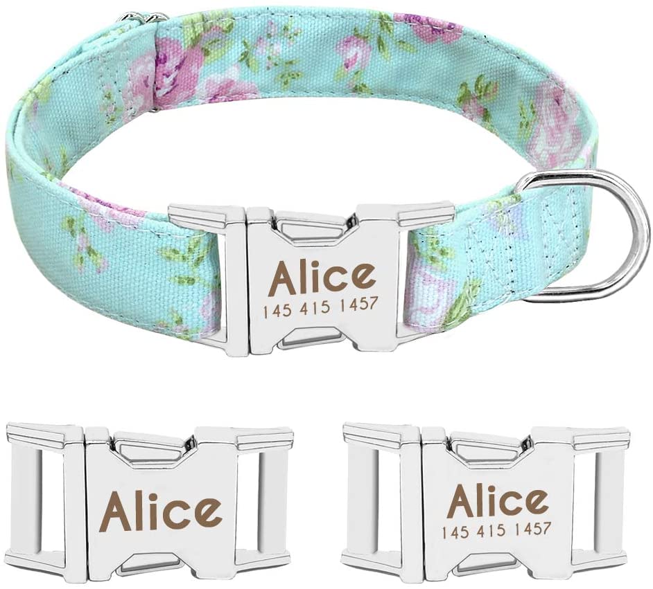  Beirui Collar Perro Personalizado con Hebilla de liberación rápida – Collares para Perros Personalizados con Patrones Florales – Mint Green Floral Collar y Correa Perro - S(10-15.5"Cuello) 