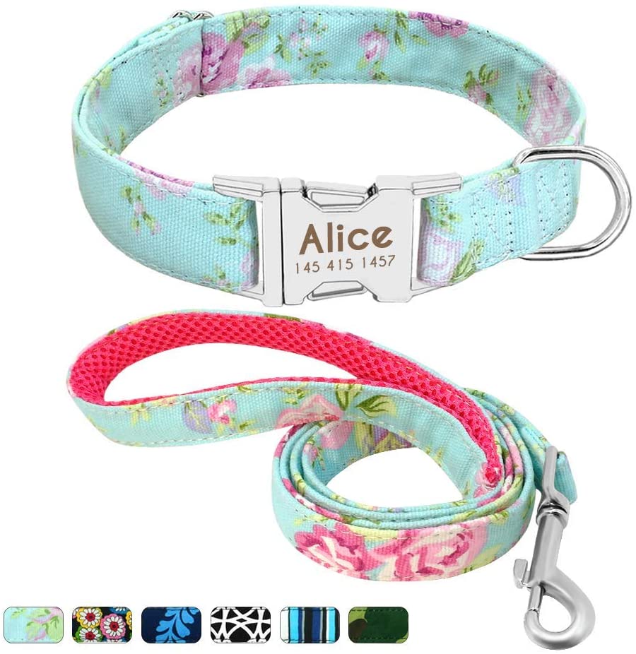  Beirui Collar Perro Personalizado con Hebilla de liberación rápida – Collares para Perros Personalizados con Patrones Florales – Mint Green Floral Collar y Correa Perro - S(10-15.5"Cuello) 