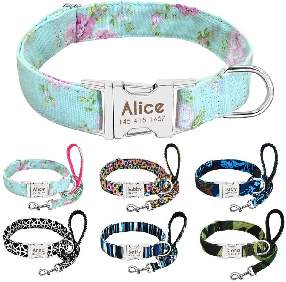  Beirui Collar Perro Personalizado con Hebilla de liberación rápida – Collares para Perros Personalizados con Patrones Florales – Mint Green Floral Collar y Correa Perro - S(10-15.5"Cuello) 