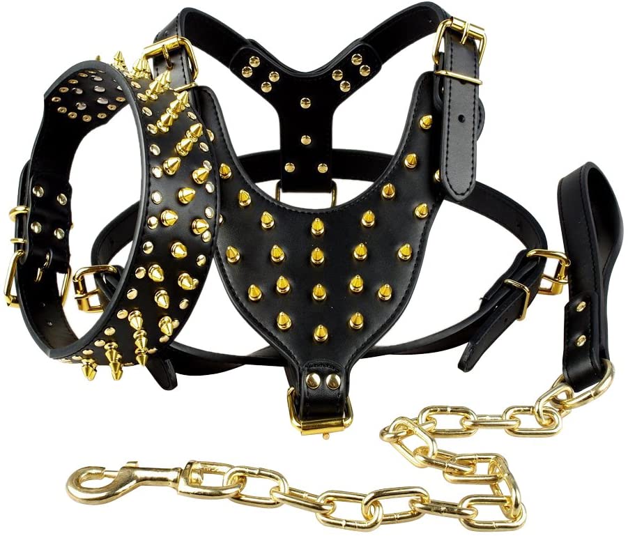  BERRY Negro Piel con picos de oro tachonado Collar de mediano y grande perros & correa y arnés 3 pcs Set para Boxer de Pitbull 