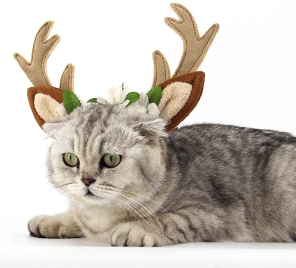  Bluelans Perro Gato Navidad Diadema de renos Antlers con flores para mascota Teddy Labrador, One Coloe, Large 