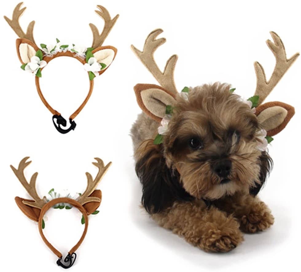  Bluelans Perro Gato Navidad Diadema de renos Antlers con flores para mascota Teddy Labrador, One Coloe, Large 