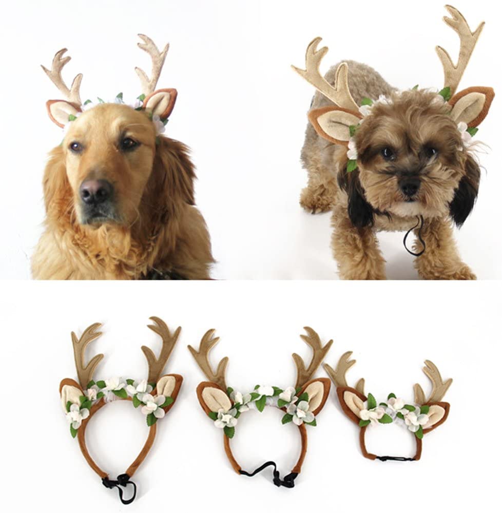  Bluelans Perro Gato Navidad Diadema de renos Antlers con flores para mascota Teddy Labrador, One Coloe, Large 