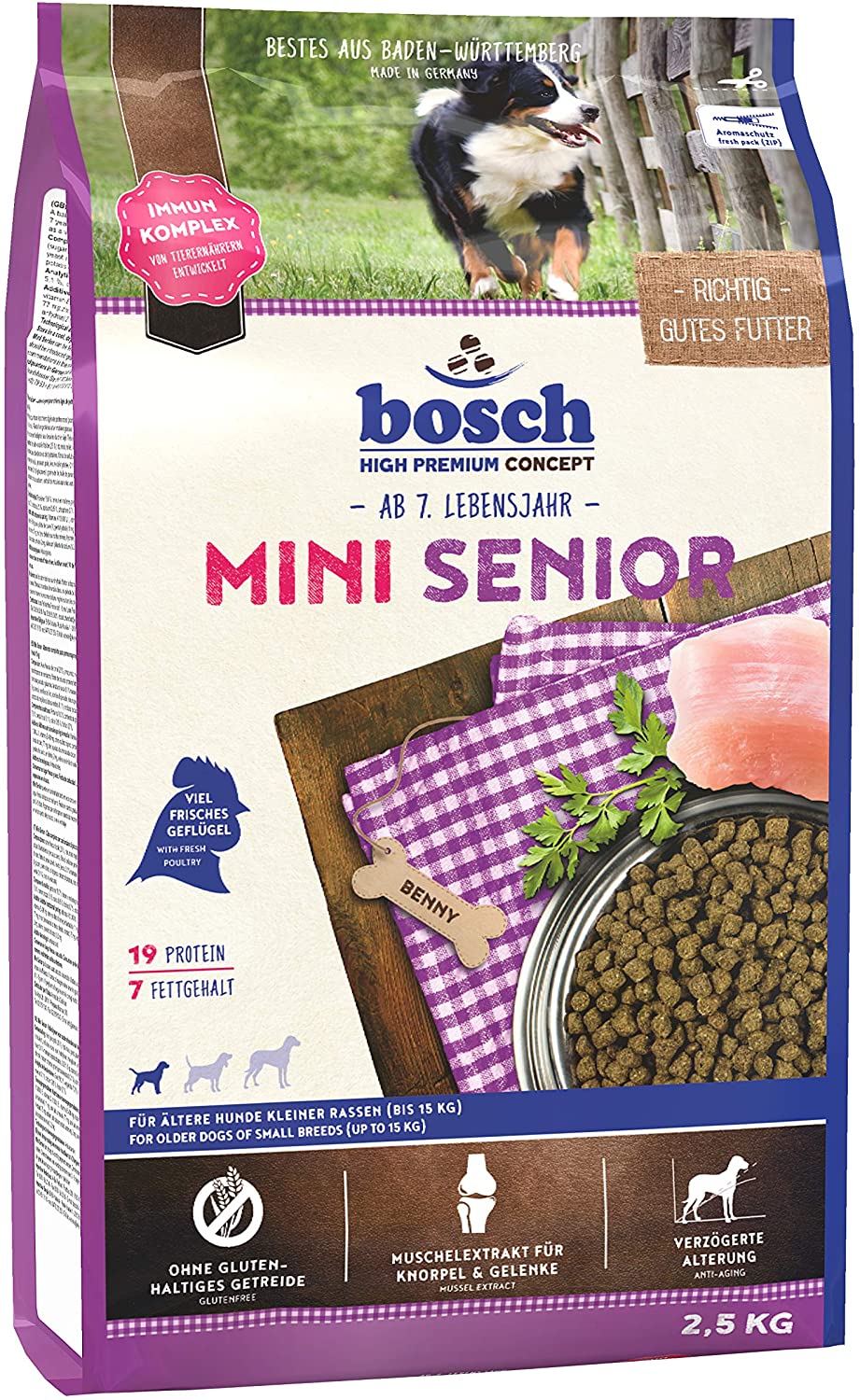  bosch HPC Mini Senior | Comida seca para perros mayores de razas pequeñas | Sin gluten | 2,5 kg 