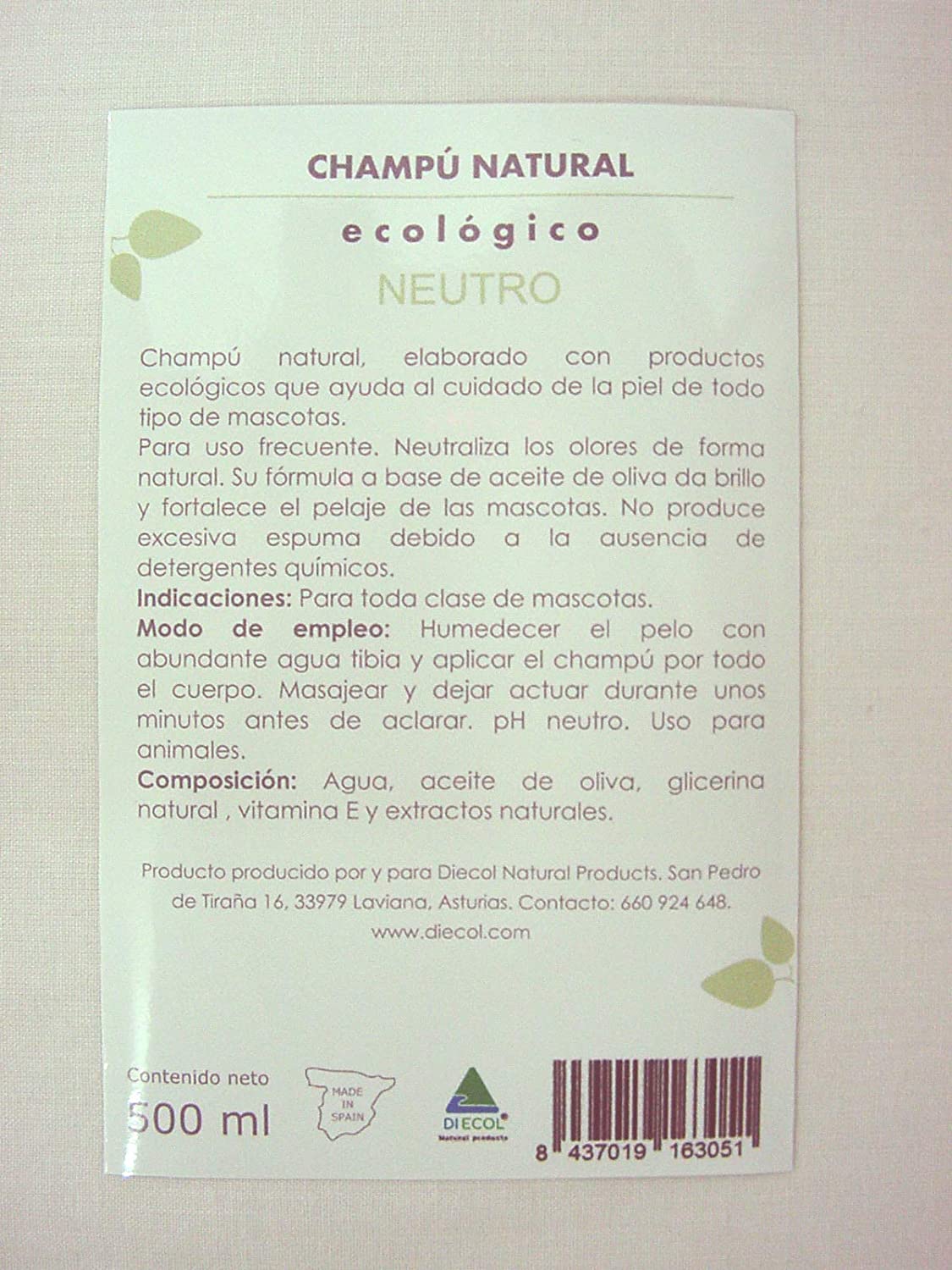  BOTE CHAMPU PARA MASCOTAS ECOLOGICO NATURAL HECHO EN ESPAÑA 500ML NEUTRO 