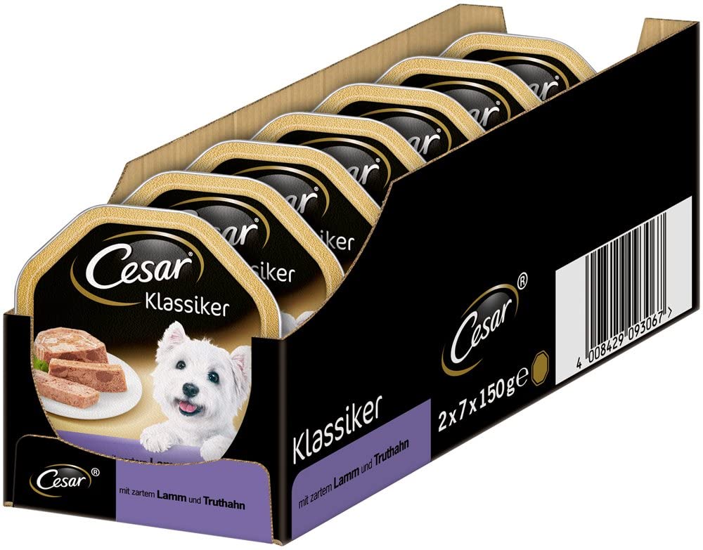  Cesar Comida para Perros húmeda de Cordero y Pavo, Pack de 7 Unidades, 150 g y 2 Cuencos 