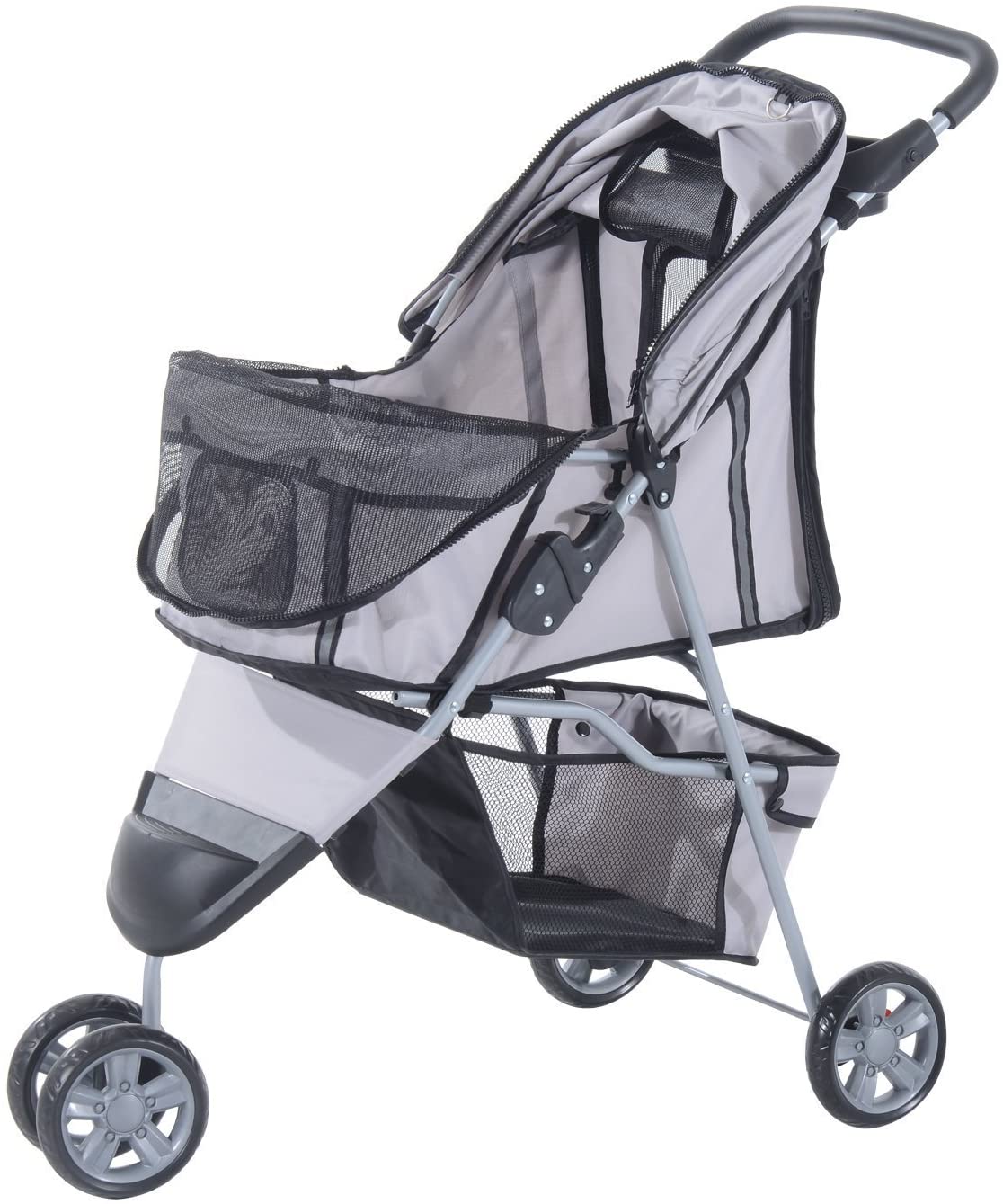  Cochecito Plegable Mascotas 75x45x97cm Perro Gato Carrito Ruedas Giran 360º Gris 