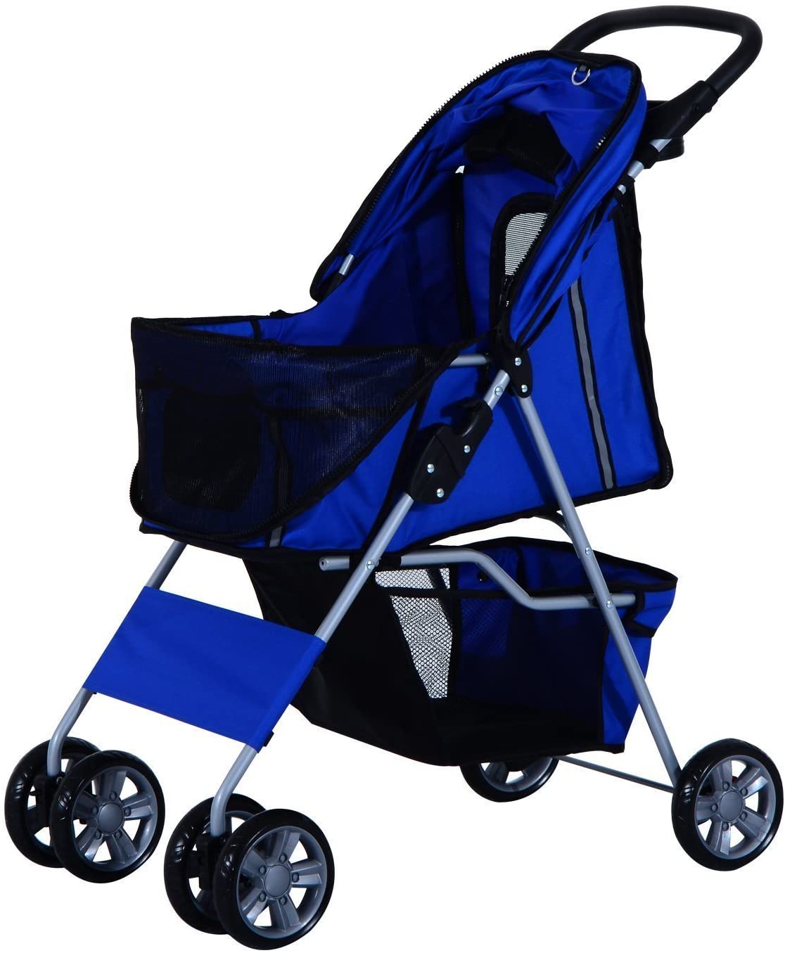  Cochecito Plegable Mascotas 75x45x97cm Perros Gatos Carrito Ruedas Giran 360º Azul 