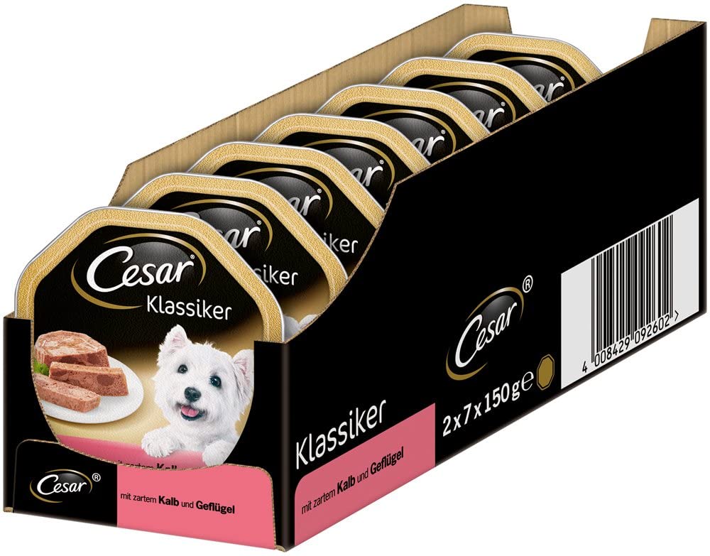  Comida para Perros, pienso húmedo clásico, de Ternera y Ave, Pack de 7 Unidades, (Cada Unidad con 2 Cuencos de 150 g) 