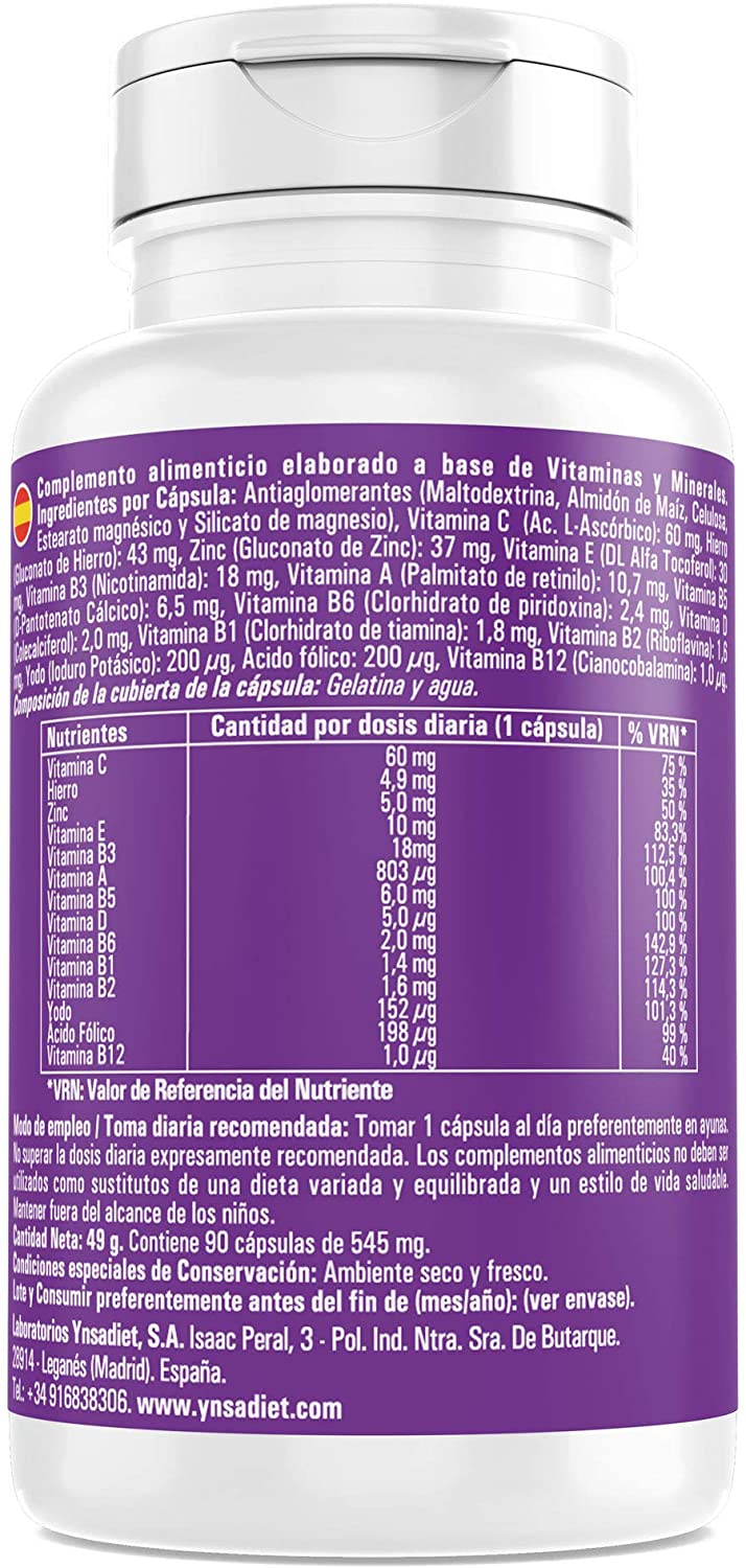  Complejo vitamínico con minerales, vitamina C, vitaminas B2, B3, B5, B6 y B12 y hierro - Multivitamínico para combatir el cansancio, la fatiga y aumentar el bienestar de tu cuerpo (90 cápsulas) 