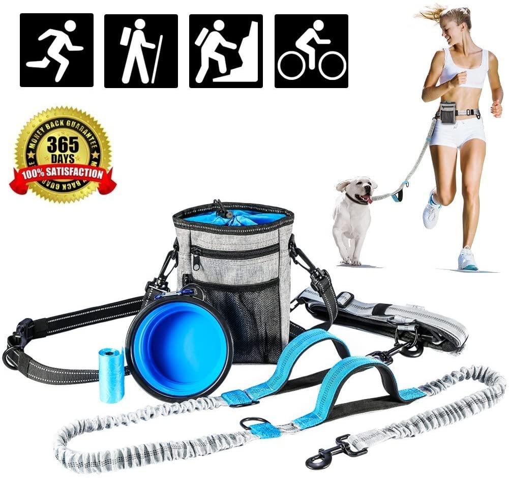  Correa Manos Libres Perro Set con Cinturón Elástico Bolso de Alimento Comedero plegable Bolsas para Excrementos de Perro Correa de 140-185CM(gris y azul) 