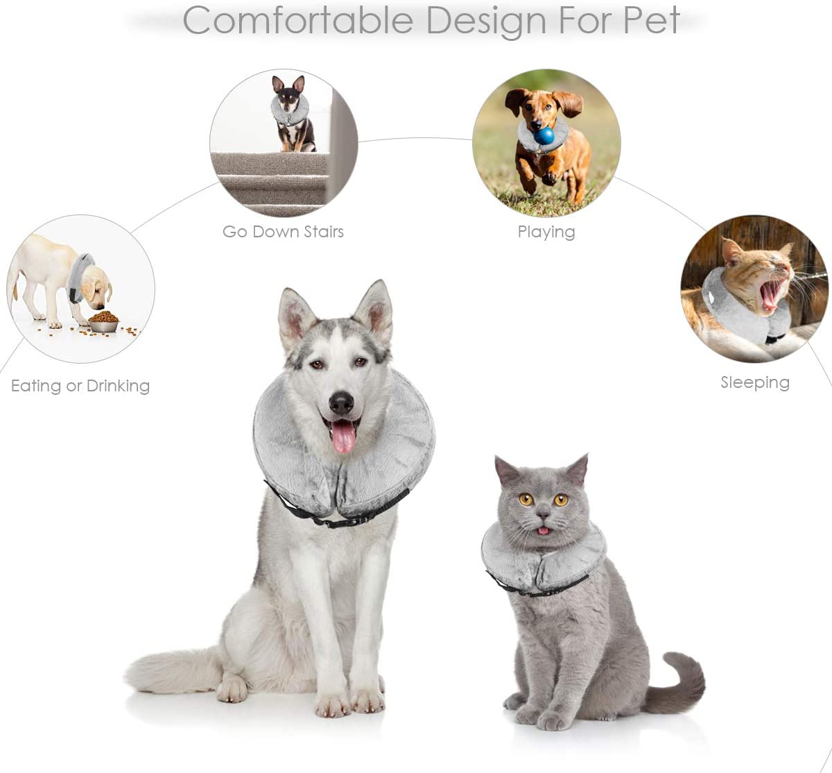  Cuello protector hinchable para perros y gatos. De tacto suave y con hebilla ajustable. Ideal para la recuperación tras una cirugía, o para curar heridas. No bloquea la visión 