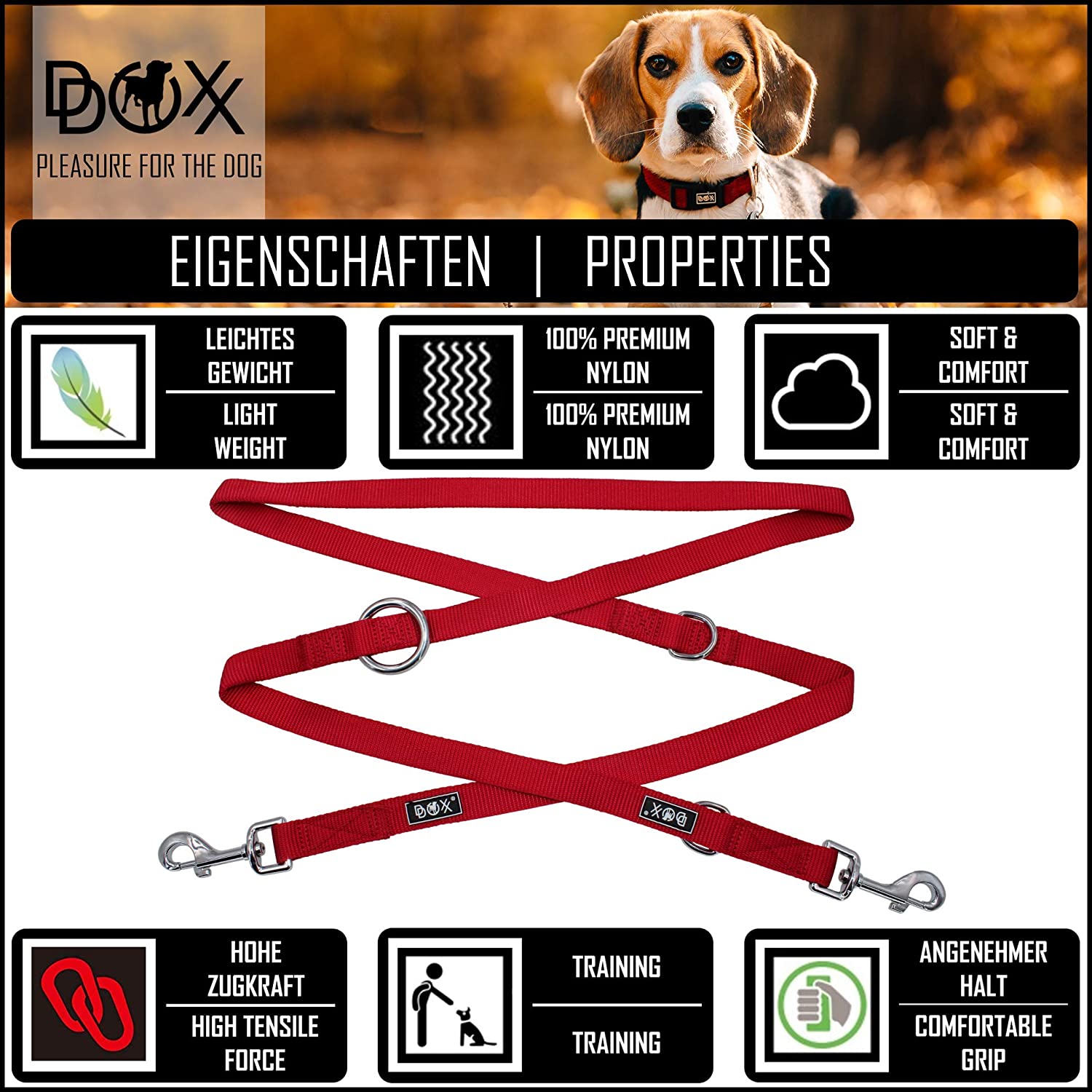  DDOXX Correa Perro Multiposición Nylon, Ajustable en 3 tamaños, 2 m | Diferentes Colores & Tamaños | para Perros Pequeño, Mediano y Grande | Correa Accesorios Doble 2 Gato Cachorro | S, Azul, 2m 