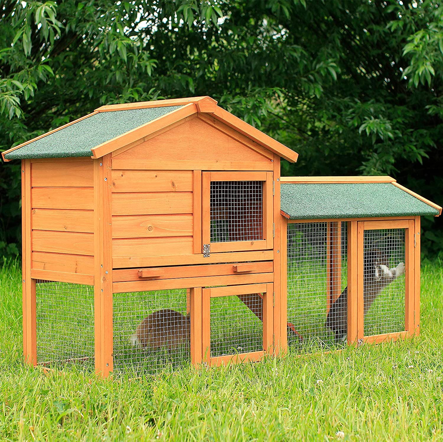  Dibea Corral para Animales pequeños de Primera Calidad, Modelo RH10240, Dimensiones: 147 x 52 x 85 cm. Corral de Madera con 2 amplios Pisos y vallado con 3 Puertas. para Conejos, liebres y cobayas 