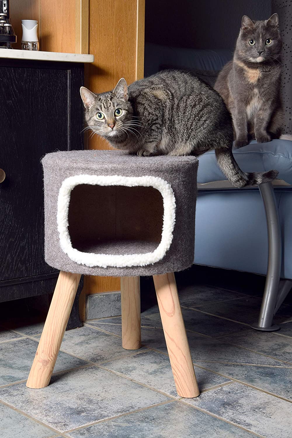  dobar 43105 43105 Gato Taburete para Gatos, Gatos algodón Suave con Cueva, 35 x 35 x 50 cm, Patas de Madera, Fieltro Gris 