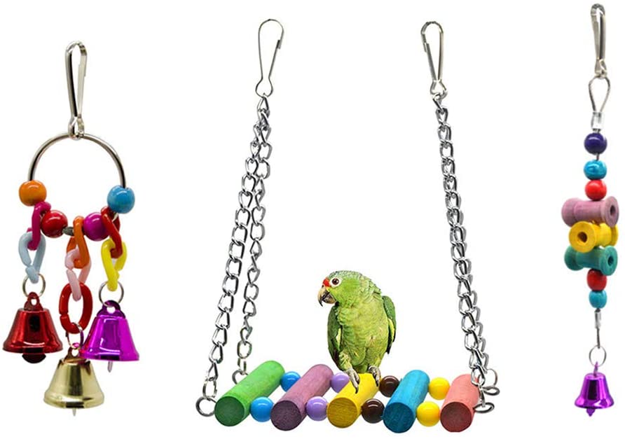  Dsaren Juguetes para Pájaros Colorful Columpio para Loros Accesorios Jaula Pajaros Bite Toy con Campanas para Periquitos, Cockatiels, Africana Greys Loros, Paquete de 3 (Colores aleatorios) 