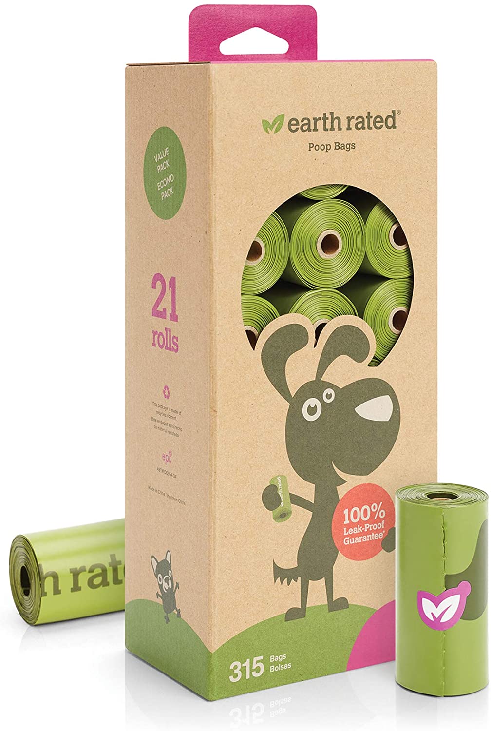  Earth Rated Bolsas de Basura de Lavanda biodegradables con Aroma a Perro, 21 Rollos de Recambio 