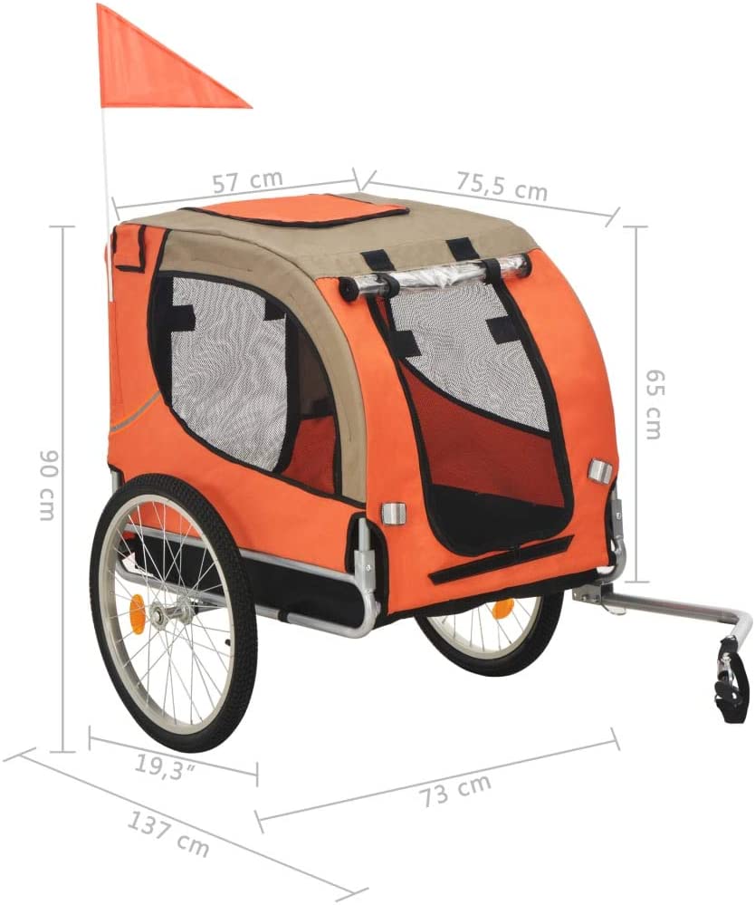  Festnight Remolque Perros Remolque De Bicicleta para Perros De Tela Naranja Y Marrón 137 X 73 X 90 Cm, Peso 10,4 Kg, Carro Carrito para Perros con Ruedas 