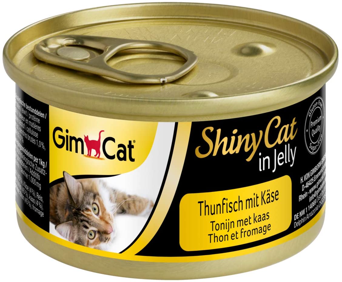  GimCat ShinyCat in Jelly – Comida para gatos con pescado en gelatina para gatos adultos – Atún con queso – 24 latas (24 x 70 g) 