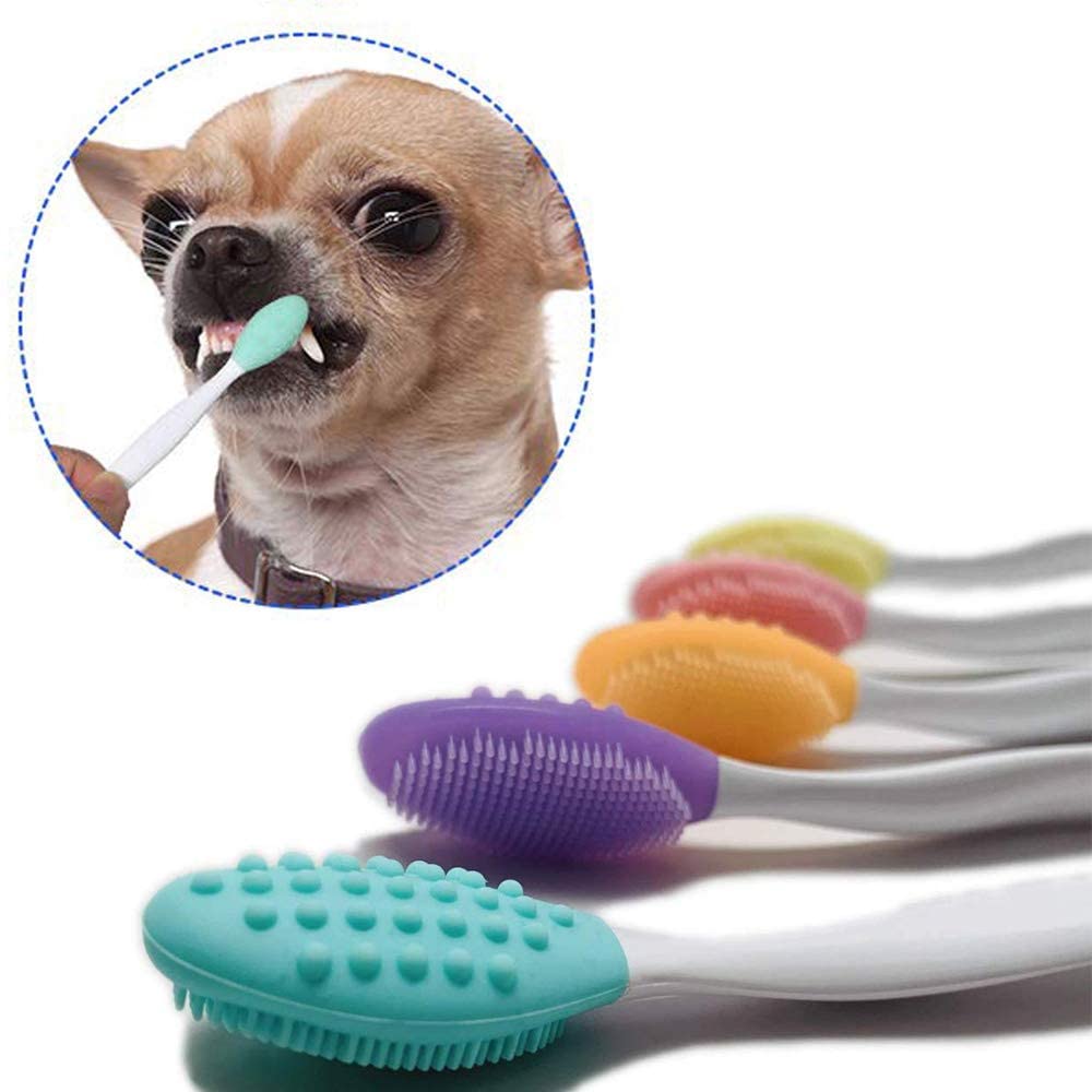  GingerUP - Perros Cepillos de dientes Juego de cepillos dentales para Perros (5 Unidades, Silicona Suave de Doble Cara, Mango Largo Curvado) 