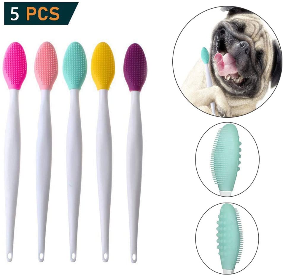  GingerUP - Perros Cepillos de dientes Juego de cepillos dentales para Perros (5 Unidades, Silicona Suave de Doble Cara, Mango Largo Curvado) 