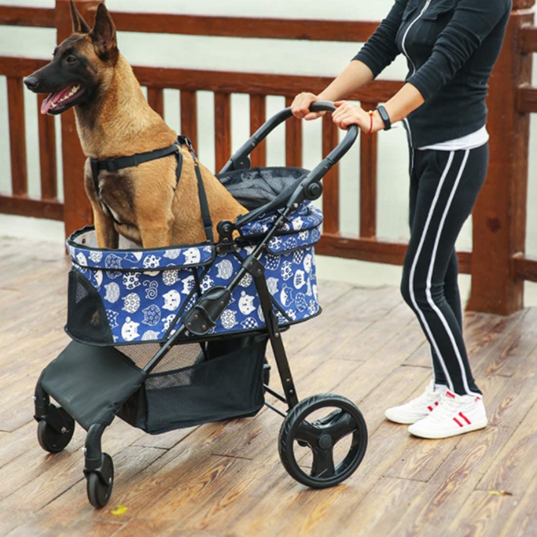  GLZKA Portátil de Ajuste de Alcance múltiple Plegable de la Compra Cochecito del Animal doméstico Perro Mediano con Las Fuentes de la Cesta del almacenaje de la Carretilla Animal doméstico,Bluecat 