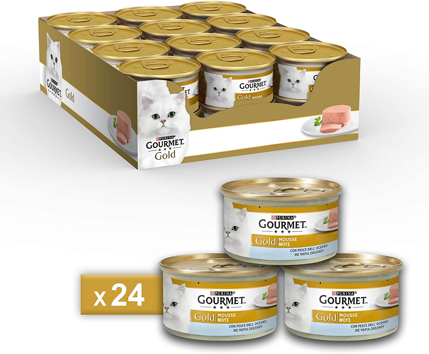  Gourmet Gold Mousse para El Gato, con Pescado Océano, 85 g – Pack de 24 Unidades 