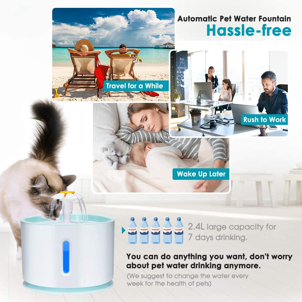  Haofy Fuente de Agua Silenciosa para Mascotas, 2.4L Dispensador de Agua Automático y 3 Modos Ajustables Bebedero Automático Eléctrico para Gato y Perro 